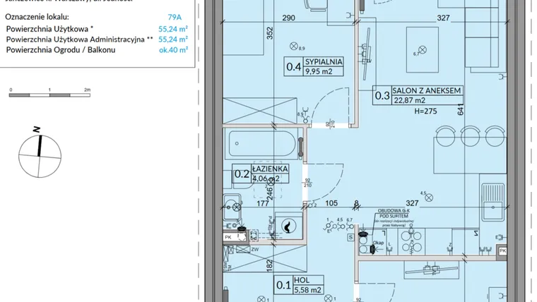 Rzut - Mieszkanie na sprzedaż 3 pokoje o powierzchni 55,24 m² - numer 79A w Osiedle Młodych etap VII
