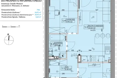 Rzut - Mieszkanie na sprzedaż 3 pokoje o powierzchni 54,95 m² - numer 79B w Osiedle Młodych etap VII
