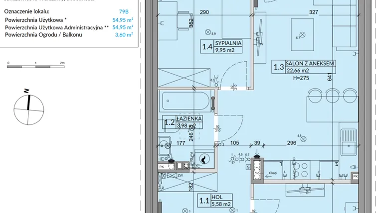 Rzut - Mieszkanie na sprzedaż 3 pokoje o powierzchni 54,95 m² - numer 79B w Osiedle Młodych etap VII