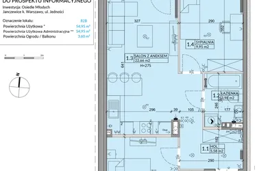 Rzut - Mieszkanie na sprzedaż 3 pokoje o powierzchni 54,95 m² - numer 82B w Osiedle Młodych etap VII