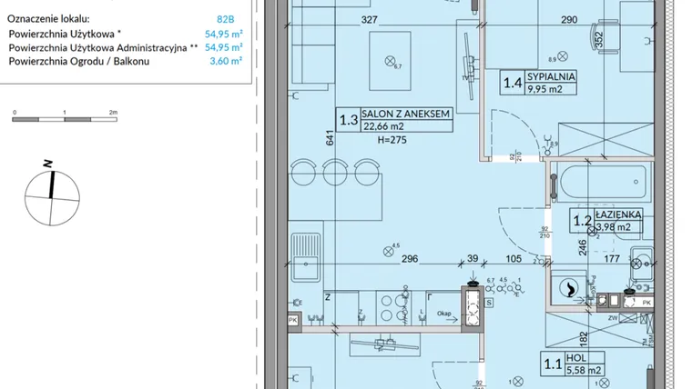 Rzut - Mieszkanie na sprzedaż 3 pokoje o powierzchni 54,95 m² - numer 82B w Osiedle Młodych etap VII