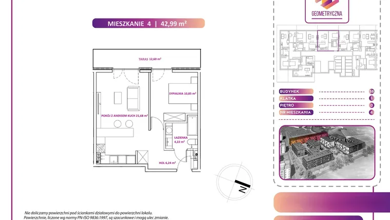 Rzut - Mieszkanie na sprzedaż 2 pokoje o powierzchni 43,06 m² - numer 4B w Geometryczna 5 - etap 3 - klatka I