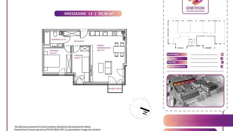 Rzut - Mieszkanie na sprzedaż 3 pokoje o powierzchni 59,61 m² - numer 13B w Geometryczna 5 - etap 3 - klatka I