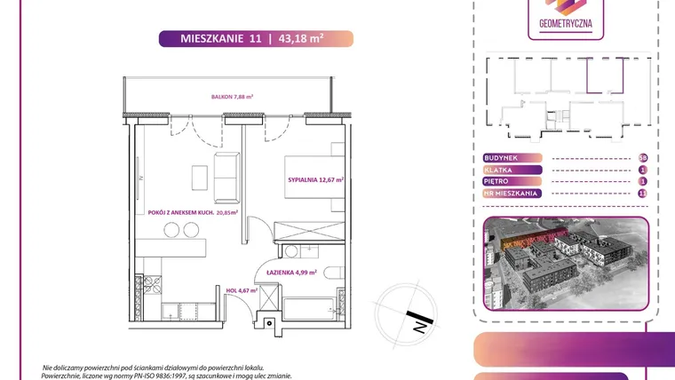Rzut - Mieszkanie na sprzedaż 2 pokoje o powierzchni 43,17 m² - numer 11B w Geometryczna 5 - etap 3 - klatka I