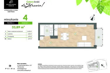 Rzut - Mieszkanie na sprzedaż 1 pokój o powierzchni 33,89 m² - numer M04 w Srebrzyńska Park IV