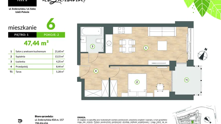Rzut - Mieszkanie na sprzedaż 2 pokoje o powierzchni 47,44 m² - numer M06 w Srebrzyńska Park IV