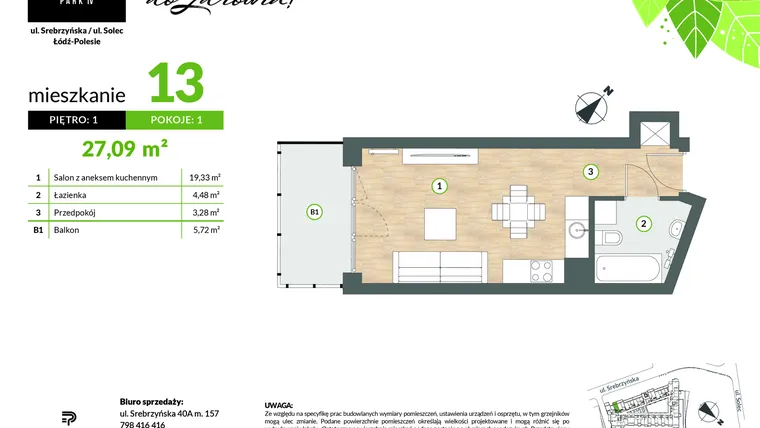Rzut - Mieszkanie na sprzedaż 1 pokój o powierzchni 27,09 m² - numer M13 w Srebrzyńska Park IV