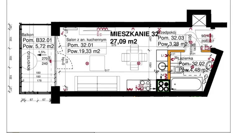 Rzut - Mieszkanie na sprzedaż 1 pokój o powierzchni 27,09 m² - numer M32 w Srebrzyńska Park IV