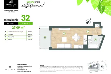Rzut - Mieszkanie na sprzedaż 1 pokój o powierzchni 27,09 m² - numer M32 w Srebrzyńska Park IV