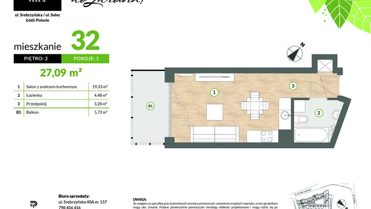 Rzut - Mieszkanie na sprzedaż 1 pokój o powierzchni 27,09 m² - numer M32 w Srebrzyńska Park IV