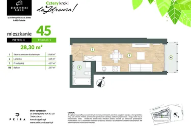 Rzut - Mieszkanie na sprzedaż 1 pokój o powierzchni 28,3 m² - numer M45 w Srebrzyńska Park IV