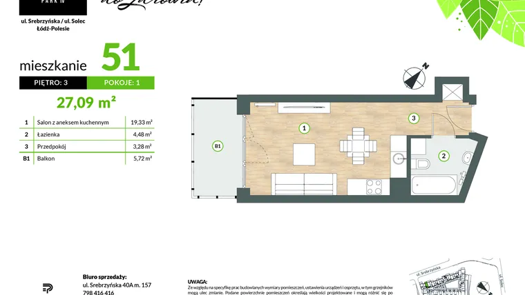 Rzut - Mieszkanie na sprzedaż 1 pokój o powierzchni 27,09 m² - numer M51 w Srebrzyńska Park IV