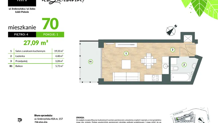Rzut - Mieszkanie na sprzedaż 1 pokój o powierzchni 27,09 m² - numer M70 w Srebrzyńska Park IV