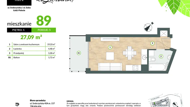Rzut - Mieszkanie na sprzedaż 1 pokój o powierzchni 27,09 m² - numer M89 w Srebrzyńska Park IV