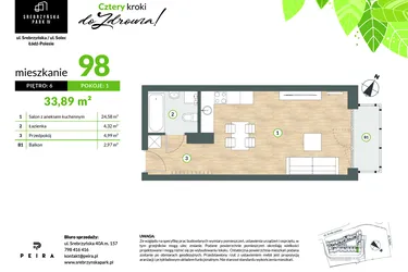Rzut - Mieszkanie na sprzedaż 1 pokój o powierzchni 33,89 m² - numer M98 w Srebrzyńska Park IV