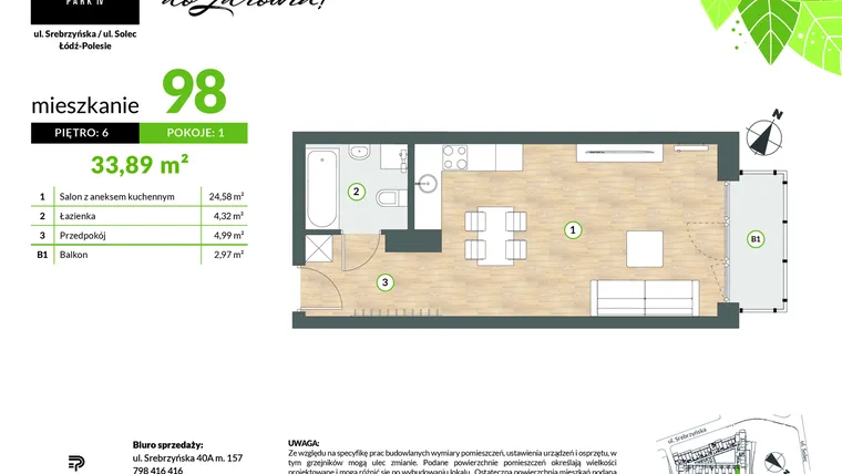 Rzut - Mieszkanie na sprzedaż 1 pokój o powierzchni 33,89 m² - numer M98 w Srebrzyńska Park IV