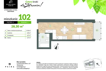 Rzut - Mieszkanie na sprzedaż 1 pokój o powierzchni 28,3 m² - numer M102 w Srebrzyńska Park IV