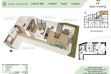 Rzut - Mieszkanie na sprzedaż 2 pokoje o powierzchni 45,2 m² - numer B1.M1 w Tutaj Bunscha