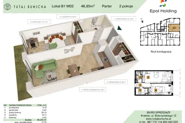Rzut - Mieszkanie na sprzedaż 2 pokoje o powierzchni 46,85 m² - numer B1.M2 w Tutaj Bunscha