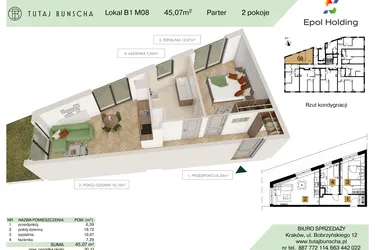 Rzut - Mieszkanie na sprzedaż 2 pokoje o powierzchni 45,07 m² - numer B1.M8 w Tutaj Bunscha