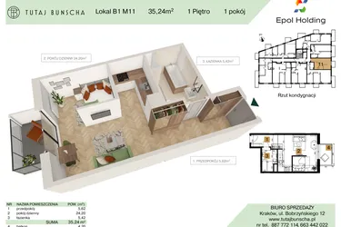 Rzut - Mieszkanie na sprzedaż 1 pokój o powierzchni 35,24 m² - numer B1.M11 w Tutaj Bunscha
