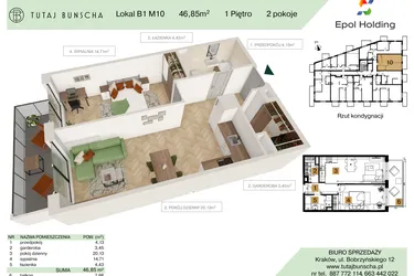 Rzut - Mieszkanie na sprzedaż 2 pokoje o powierzchni 46,85 m² - numer B1.M10 w Tutaj Bunscha