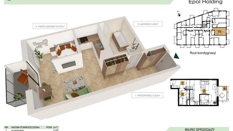 Rzut - Mieszkanie na sprzedaż 1 pokój o powierzchni 35,24 m² - numer B1.M19 w Tutaj Bunscha