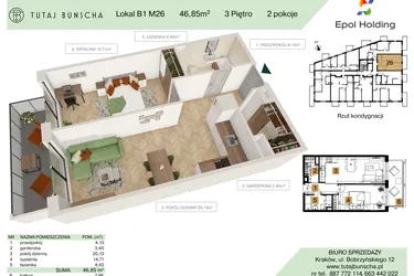 Rzut - Mieszkanie na sprzedaż 2 pokoje o powierzchni 46,85 m² - numer B1.M26 w Tutaj Bunscha