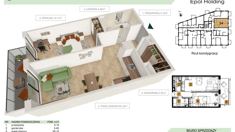 Rzut - Mieszkanie na sprzedaż 2 pokoje o powierzchni 46,85 m² - numer B1.M34 w Tutaj Bunscha