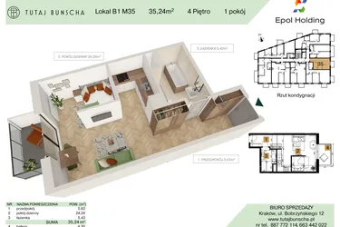 Rzut - Mieszkanie na sprzedaż 1 pokój o powierzchni 35,24 m² - numer B1.M35 w Tutaj Bunscha