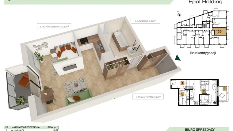 Rzut - Mieszkanie na sprzedaż 1 pokój o powierzchni 35,24 m² - numer B1.M35 w Tutaj Bunscha