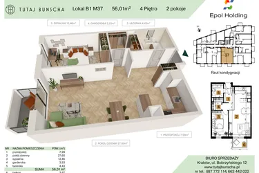Rzut - Mieszkanie na sprzedaż 2 pokoje o powierzchni 56,01 m² - numer B1.M37 w Tutaj Bunscha