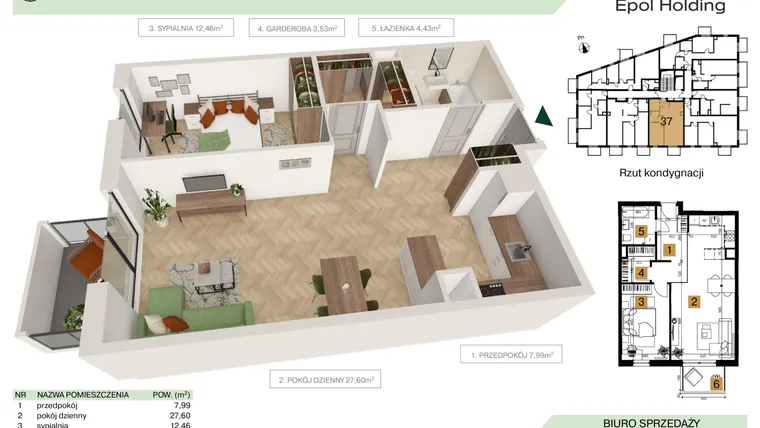 Rzut - Mieszkanie na sprzedaż 2 pokoje o powierzchni 56,01 m² - numer B1.M37 w Tutaj Bunscha