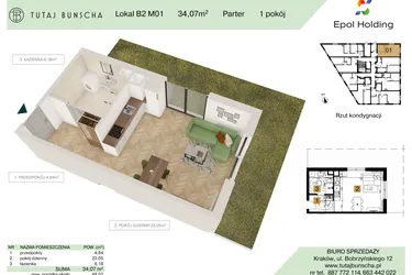 Rzut - Mieszkanie na sprzedaż 1 pokój o powierzchni 34,07 m² - numer B2.M1 w Tutaj Bunscha