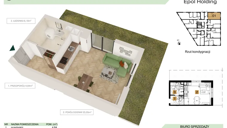 Rzut - Mieszkanie na sprzedaż 1 pokój o powierzchni 34,07 m² - numer B2.M1 w Tutaj Bunscha