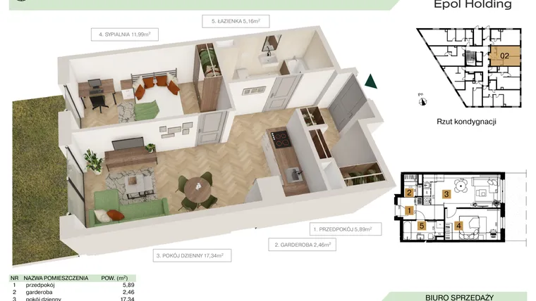Rzut - Mieszkanie na sprzedaż 2 pokoje o powierzchni 42,84 m² - numer B2.M2 w Tutaj Bunscha