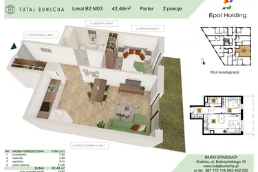 Rzut - Mieszkanie na sprzedaż 2 pokoje o powierzchni 42,48 m² - numer B2.M3 w Tutaj Bunscha