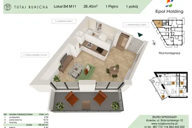 Rzut - Mieszkanie na sprzedaż 1 pokój o powierzchni 28,45 m² - numer B4.M11 w Tutaj Bunscha