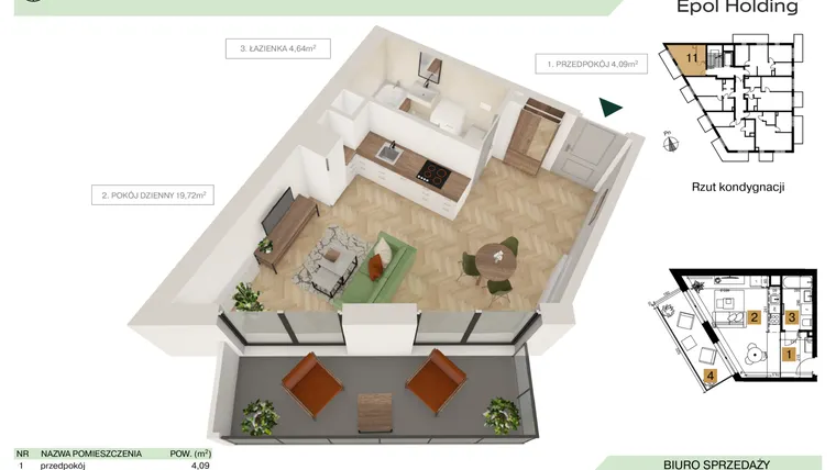 Rzut - Mieszkanie na sprzedaż 1 pokój o powierzchni 28,45 m² - numer B4.M11 w Tutaj Bunscha
