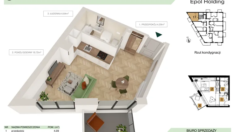 Rzut - Mieszkanie na sprzedaż 1 pokój o powierzchni 28,45 m² - numer B4.M17 w Tutaj Bunscha