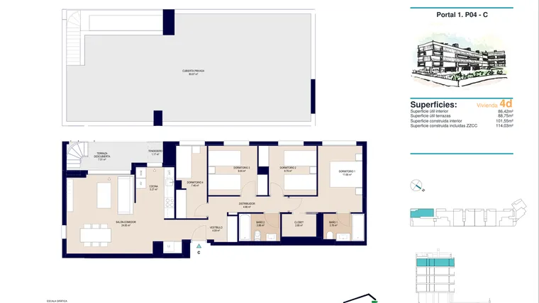 Rzut - Mieszkanie na sprzedaż 4 pokoje o powierzchni 114,03 m² - numer 4-C-1 w Apartamenty w Alicante - 78385858