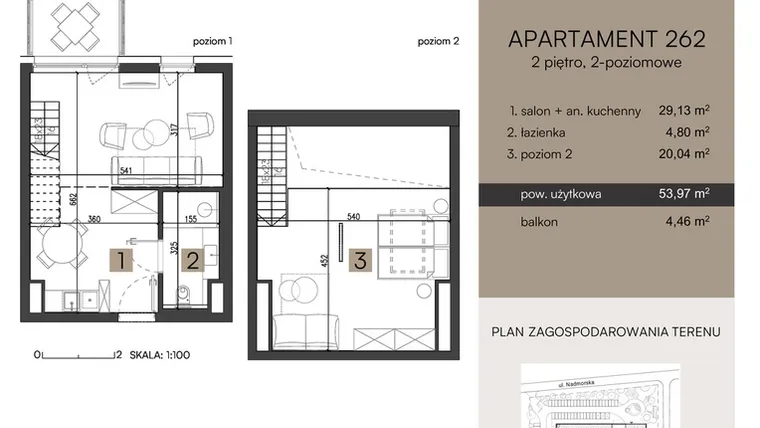 Rzut - Mieszkanie na sprzedaż 2 pokoje o powierzchni 53,97 m² - numer 262 w Nickel Resort & Wellnest Grzybowo - apartamenty inwestycyjne