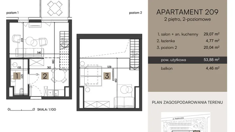 Rzut - Mieszkanie na sprzedaż 2 pokoje o powierzchni 53,88 m² - numer 209 w Nickel Resort & Wellnest Grzybowo - apartamenty inwestycyjne