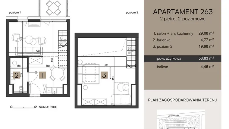 Rzut - Mieszkanie na sprzedaż 2 pokoje o powierzchni 53,83 m² - numer 263 w Nickel Resort & Wellnest Grzybowo - apartamenty inwestycyjne