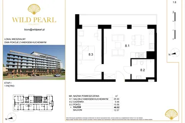 Rzut - Mieszkanie na sprzedaż 2 pokoje o powierzchni 46,52 m² - numer 1.8 w Wild Pearl