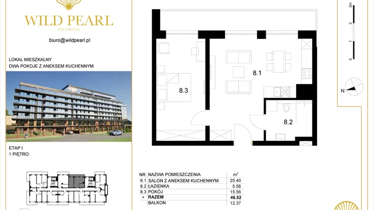 Rzut - Mieszkanie na sprzedaż 2 pokoje o powierzchni 46,52 m² - numer 1.8 w Wild Pearl