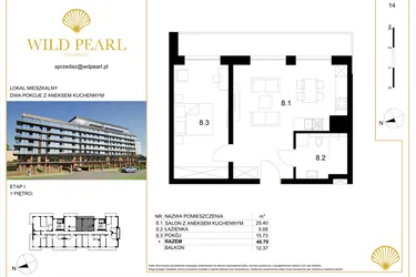 Rzut - Mieszkanie na sprzedaż 2 pokoje o powierzchni 46,79 m² - numer 14 w Wild Pearl