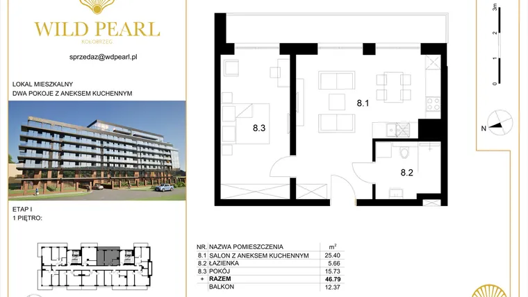 Rzut - Mieszkanie na sprzedaż 2 pokoje o powierzchni 46,79 m² - numer 14 w Wild Pearl