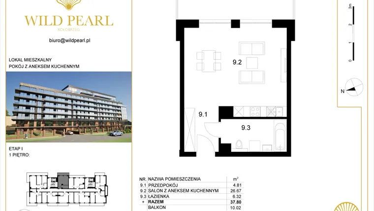 Rzut - Mieszkanie na sprzedaż 1 pokój o powierzchni 37,8 m² - numer 1.9 w Wild Pearl