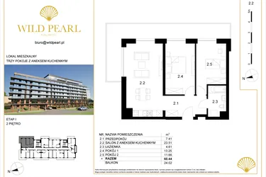 Rzut - Mieszkanie na sprzedaż 3 pokoje o powierzchni 60,44 m² - numer 2.2 w Wild Pearl